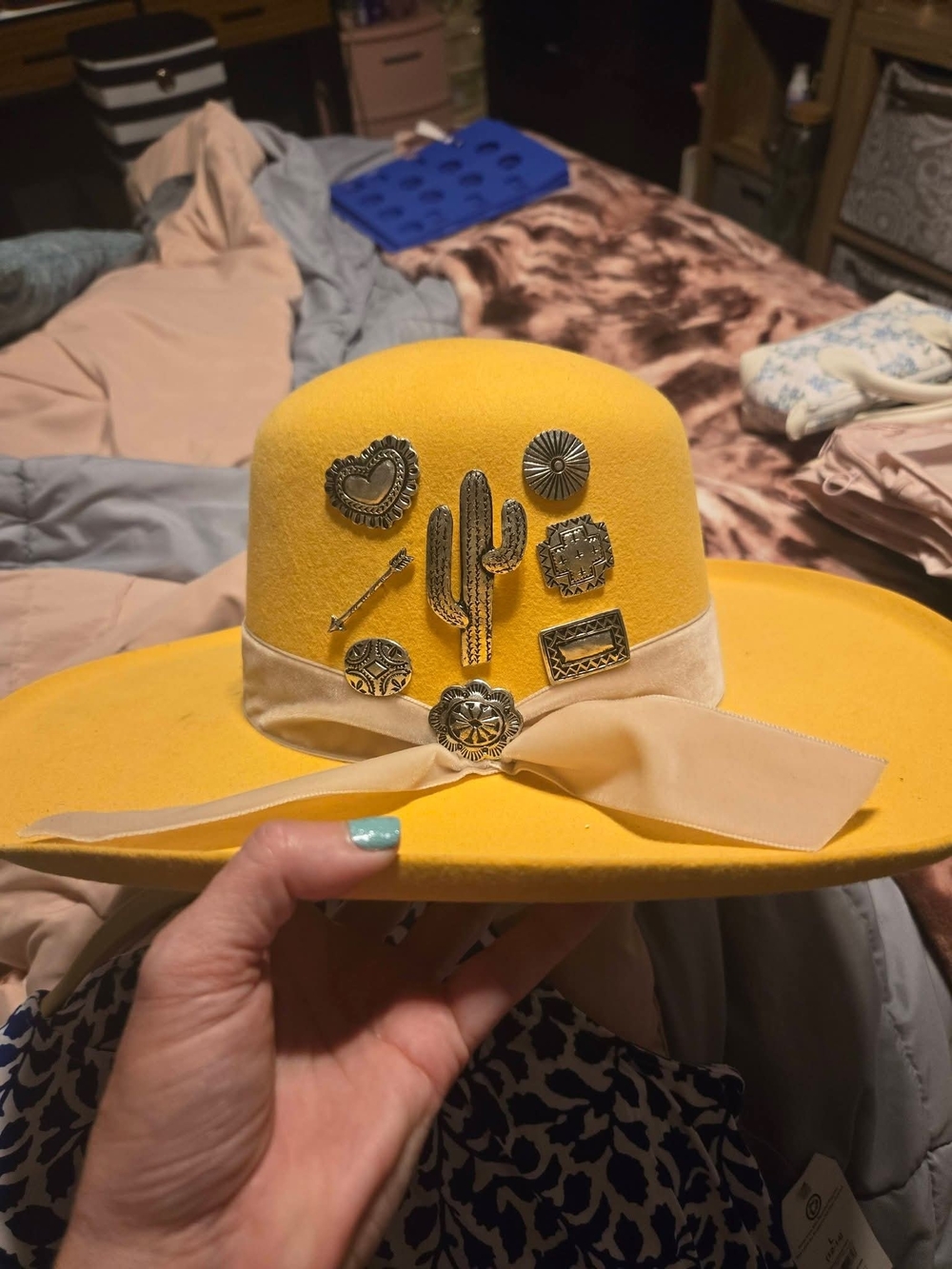 Yellow Felt Ribbon Western Hat with Concho Pins